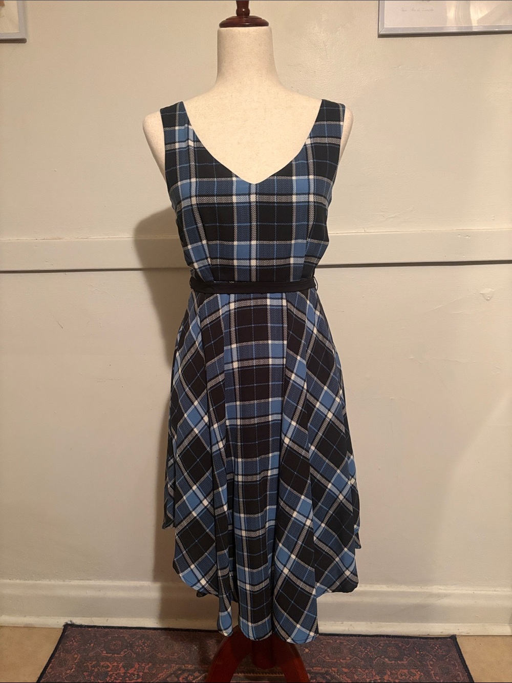 ModCloth Yellow Star Blue and Black Plaid V-Neck High-Low Dress